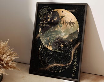 May include: A black and gold constellation print with a watercolor moon and the text "The Night You Were Born" and "Hayley" with the date "March 2, 1997 Brooklyn, NY 11201".