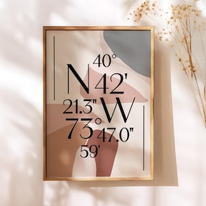 Custom Minimalist Coordinates Print, Personalized Latitude Longitude Wall Art, Neutral Abstract Modern Home Decor, Unique Location Gift