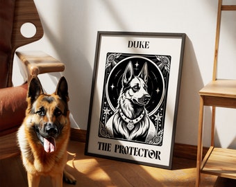 Personalized Tarot Style Dog Portrait Art Print, The Protector Tarot Card Vintage Poster, Mystical Dog Lover Wall Art, Cute Gift for Dog Mom