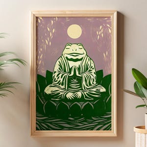 Zen-Kröte Meditation Art Print, Japanische spirituelle Kröte Wandkunst, Serene Zen-Dekor, Kröte Kunstwerk, meditierender Frosch Poster, naturinspirierte Kunst