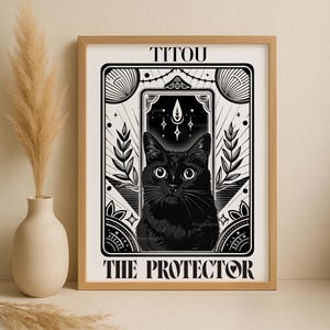 Impression d'art de carte de tarot portrait d'animal de compagnie personnalisé, cadeau d'affiche d'amant de chat mystique pour maman de chat, art mural de tarot protecteur, art de chat bohème personnalisé