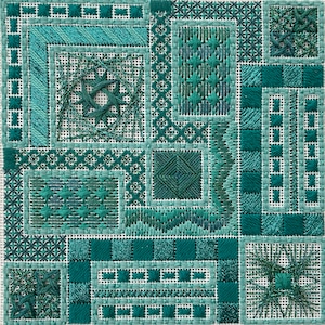 Könnte beinhalten: Ein Kreuzstich-Muster in Türkis und Grün mit verschiedenen geometrischen Mustern und Designs.