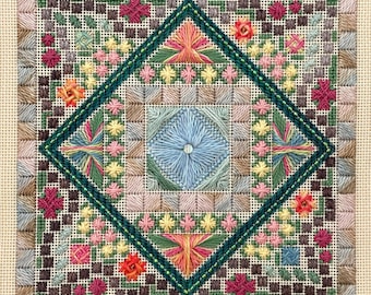 My Sunlit Garden - un tableau de broderie pour toile 18 pt.  Comprend des instructions.  Fichier PDF téléchargeable