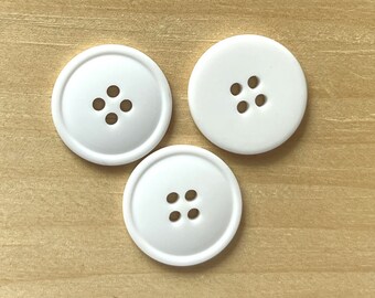 7/8" (23mm) White Buttons with Matte Finish, Fiber Arts, Doll Making, Sewing Notions, Crafting - 3 Buttons