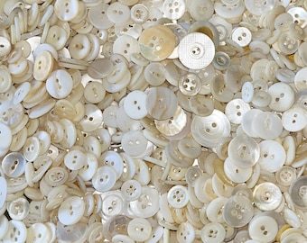 Vintage Shell Buttons, Mix of 25, 3/8" to 1", Random Selection White Buttons, Fiber Arts, Crafting, Sewing Notions