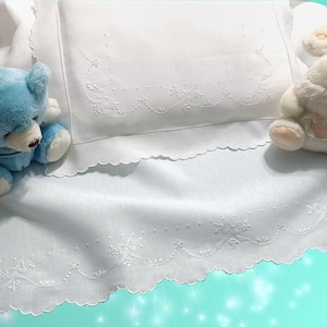 Hand Embroidered Crib Sheet Pure White Linen 60 Count
