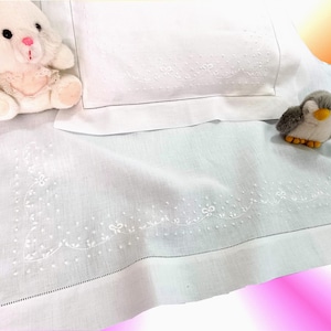 Hand Embroidered Crib Sheet Pure White Linen 60 Count