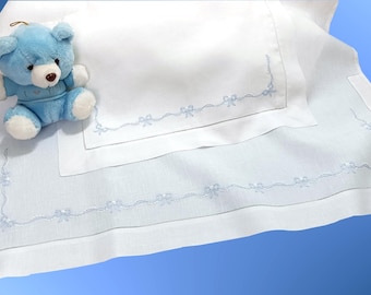 Hand-Embroidered Crib Sheet, 60% White Linen - 90 x 120 cm