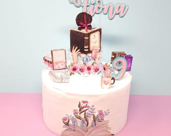 Girl Reading Cake Topper / I love Books Cake Topper / Book Cake Topper