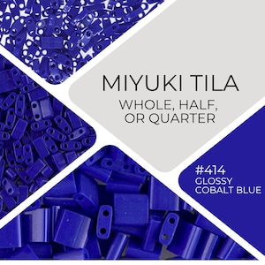 May include: A close-up of a pile of blue Miyuki Tila beads. The beads are available in whole, half, or quarter sizes. The beads are glossy and have a cobalt blue colour. The text on the image reads "#414 Glossy Cobalt Blue".
