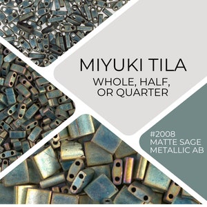 May include: A close-up of a pile of teal blue and gold Miyuki Tila beads. The beads are in various sizes, including whole, half, and quarter. The text on the image reads "MIYUKI TILA WHOLE, HALF, OR QUARTER #2008 MATTE SAGE METALLIC AB".