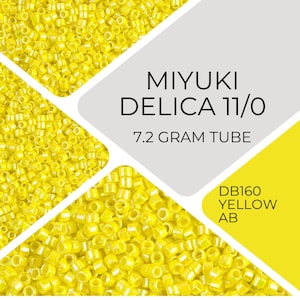 May include: Close-up of yellow Miyuki Delica 11/0 beads. The image includes text that reads "MIYUKI DELICA 11/0 7.2 GRAM TUBE" and "DB160 YELLOW AB". The beads are small, cylindrical, and a bright yellow color.