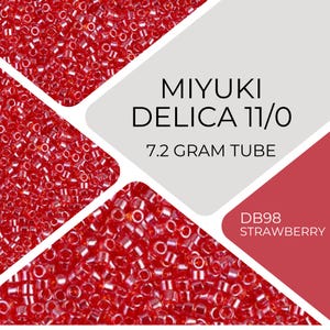 Pode incluir: Um close-up de um tubo vermelho de contas Miyuki Delica 11/0, etiquetado como "DB98 STRAWBERRY". O tubo contém 7,2 gramas de contas.
