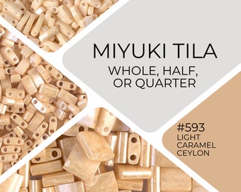 May include: A close-up of a pile of light caramel colored Miyuki Tila beads. The beads are in various sizes, including whole, half, and quarter beads. The text "#593 Light Caramel Ceylon" is visible in the image.