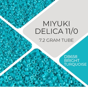 May include: A close-up of a 7.2 gram tube of turquoise blue Miyuki Delica 11/0 beads. The tube is labeled with the bead size, color code DB658, and color name "Bright Turquoise".