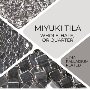 May include: A close-up of silver Miyuki Tila beads, available in whole, half, or quarter sizes. The beads are #194 Palladium Plated.