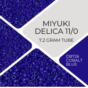 Puede incluir: Un primer plano de un tubo de cuentas Miyuki Delica 11/0 azules. El tubo contiene 7,2 gramos de cuentas y está etiquetado como DB726 Cobalt Blue.