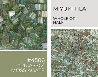 May include: Close-up of Miyuki Tila beads in a "Picasso" Moss Agate color. The beads are rectangular with two holes, and have a translucent, iridescent finish. The image includes the text "MIYUKI TILA WHOLE OR HALF" and "#4506 'PICASSO' MOSS AGATE".