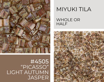 May include: Close-up of Miyuki Tila beads in Light Autumn Jasper color. The beads are rectangular with two holes, displaying a mix of brown, gold, and olive tones. The text reads "MIYUKI TILA WHOLE OR HALF" and "#4505 'PICASSO' LIGHT AUTUMN JASPER".