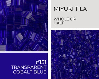 May include: Close-up of transparent cobalt blue Miyuki Tila beads, color #151. The image shows whole and half beads. The beads are a deep, rich blue color. The text "MIYUKI TILA" and "WHOLE OR HALF" are displayed in the image.