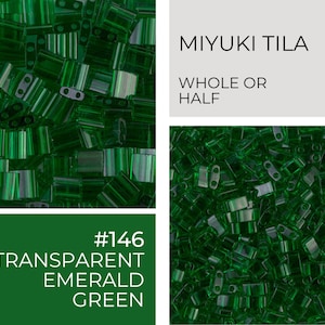 May include: Close-up of transparent emerald green Miyuki Tila beads. The image includes text that reads "MIYUKI TILA WHOLE OR HALF" and "#146 TRANSPARENT EMERALD GREEN". The beads are rectangular with two holes.
