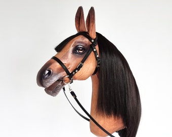 Realistic hobby horse, brown chestnut horse with long black mane on a stick, ready to ship, A4 competition hobbyhorse