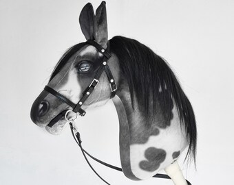 Realistic hobby horse, Piebald horse on a stick, perfect for competitions, A4, ready to ship