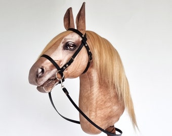 Realistic hobby horse, palomino horse on a stick, perfect for competitions