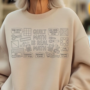 May include: A beige sweatshirt with a black and white graphic that reads "QUILT MATH IS REAL MATH." The graphic includes quilting tools and measurements. The sweatshirt is a neutral color.
