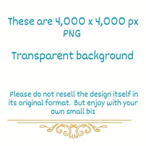 Puede incluir: Fondo blanco con texto turquesa que dice "These are 4,000 x 4,000 px PNG Transparent background." El texto adicional dice "Please do not resell the design itself in its original format. But enjoy with your own small biz."