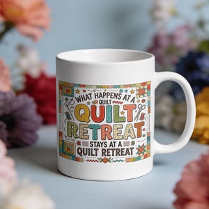 May include: White ceramic mug with the text "WHAT HAPPENS AT A QUILT RETREAT STAYS AT A QUILT RETREAT" in colorful letters and quilt-themed graphics. The mug has a curved handle and is surrounded by blurred floral elements.