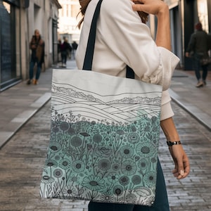 black and white wildflower watercolor tote bag, nature lovers and artist gift tote bag, cottagecore bag, gift for mom, grandma and auntie