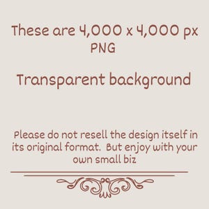 May include: A beige background with brown text that reads: "These are 4,000 x 4,000 px PNG Transparent background. Please do not resell the design itself in its original format. But enjoy with your own small biz."