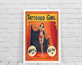 TATTOOED GIRL : Vintage Circus Advertising Print Poster, Ink Girl Drawing, Tattooed Lady Poster, Retro Tattoo Poster
