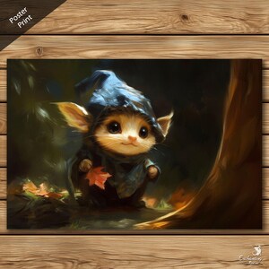 May include: A whimsical poster print featuring a cute, cat-like creature in a blue hooded cloak, holding a red leaf. The artwork has a painterly style with soft colors and is set in a forest scene. The words "Poster Print" are in the top left corner.