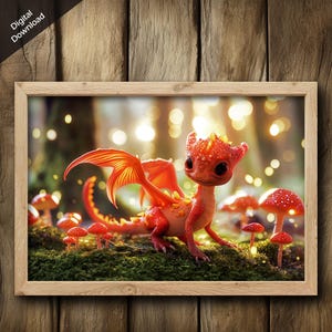 Tiny Tales • Printable Fantasy Wall Art • Digital Download • Cute Red Dragon in the Forest • Dragon Art • Sizes: 6x4, 12x8, 18x12, 24x16
