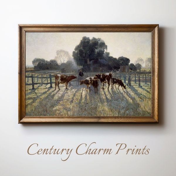 Dairy Cows Grazing In The Early Morning Sun, Vintage Rural Painting, Printable Wall Art, Digital Jpg Download, DIY Home Décor