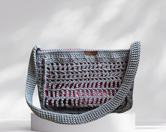 Gray Handmade Lined Shoulder Bag-Pink Satin Lined