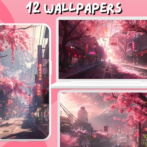 Puede incluir: Una ilustración digital de una calle de la ciudad japonesa con cerezos en flor. La calle está bordeada de edificios y árboles, y hay una montaña en el fondo. La imagen está en un esquema de color rosa y blanco.