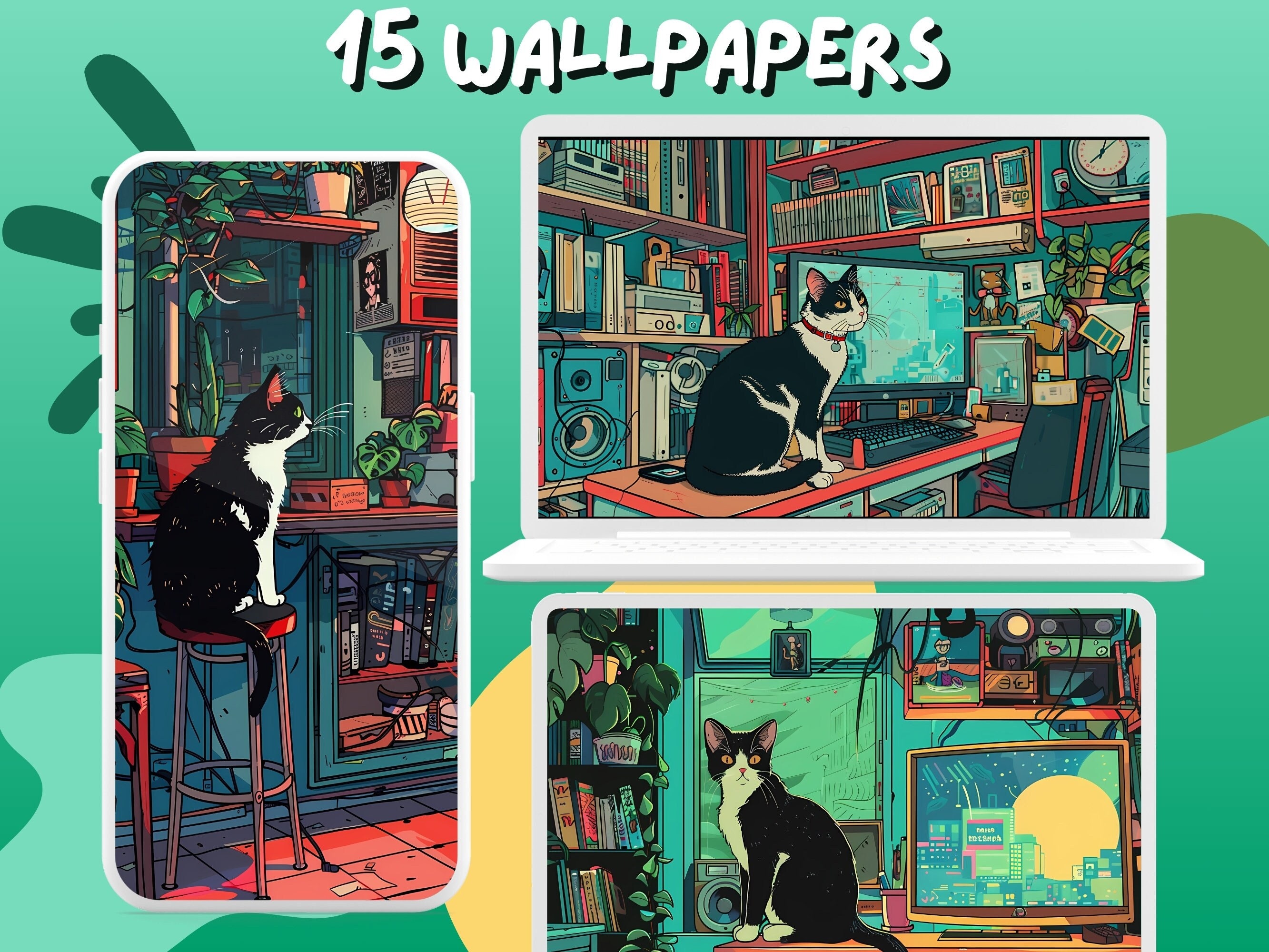 Retro Black Cat Aesthetic Wallpapers Whimsical Landscape Anime Desktop  Wallpaper Phone Wallpaper Computer Background Screensaver Lock Screen -  Etsy Israel, image size:2666x2000