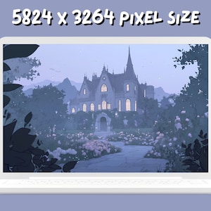 K&ouml;nnte beinhalten: Eine digitale Illustration eines gro&szlig;en, wei&szlig;en, gotischen Herrenhauses mit einem hohen, spitzen Dach und vielen Fenstern. Das Herrenhaus ist von einem &uuml;ppigen Garten mit B&auml;umen und Blumen umgeben. Der Himmel ist hellblau mit einigen sichtbaren Sternen. Das Bild ist in einer weichen, pastellfarbenen Farbpalette gehalten.