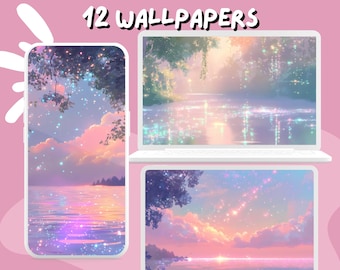 Dreamy Sparkle Landscape Wallpaper Pastel Cute Pink wallpapers Whimsical aesthetic wallpaper desktop Wallpaper Phone Wallpaper ethereal sky