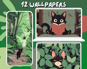 Papier peint vert matcha, papiers peints Lofi Black Cat, papier peint vert esthétique, papier peint de bureau anime, papier peint pour téléphone, thème kawaii, mignon