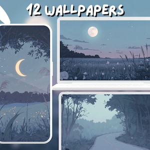 Pode incluir: Um conjunto de 12 papéis de parede digitais com um esquema de cores azul e roxo com uma lua crescente, uma lua cheia e uma estrada através de uma floresta. Os papéis de parede são projetados para telefones móveis e laptops.