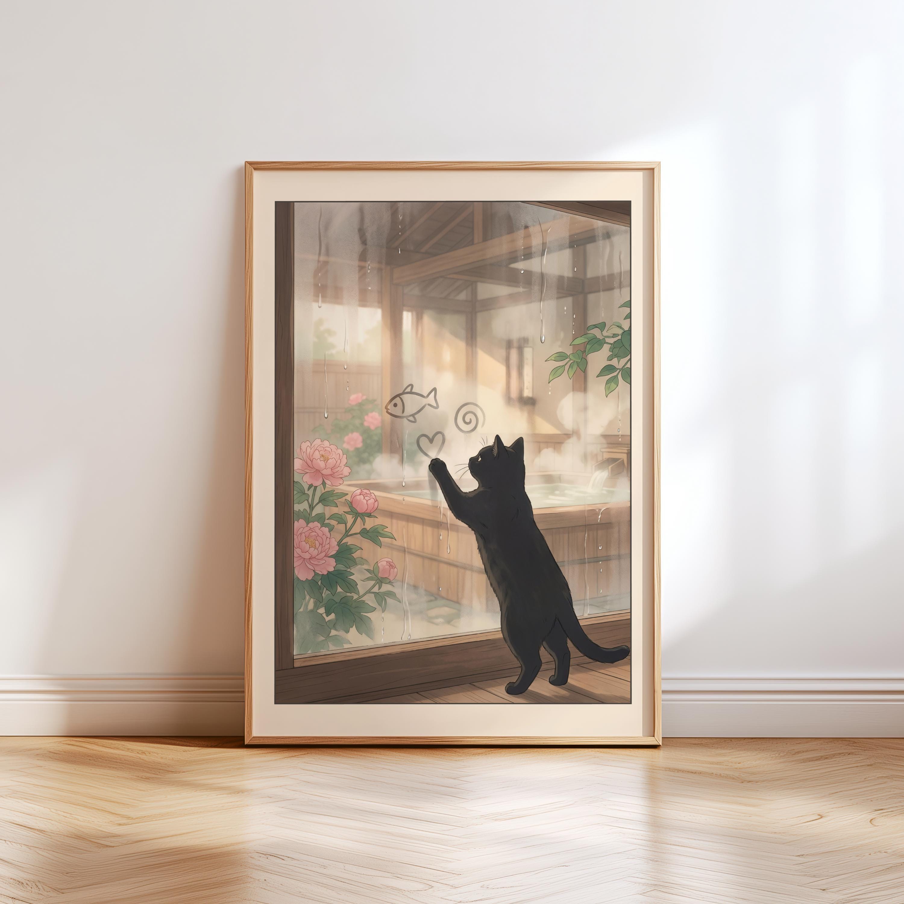 Black Cat by Onsen Window Art Print – Japanese Ukiyo-e Style Bathroom ...