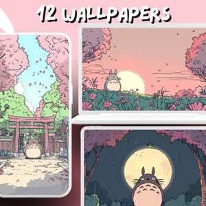 May include: A digital art display featuring 12 wallpapers with a Japanese anime theme. The wallpapers are displayed on a smartphone, laptop, and tablet. Each wallpaper showcases a cartoon character in various outdoor settings, with cherry blossom trees and a full moon.
