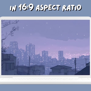 May include: A digital illustration of a city skyline at dusk, viewed from a hillside. The buildings are outlined in a light blue color, and the sky is a soft purple. The image is displayed on a white laptop screen.