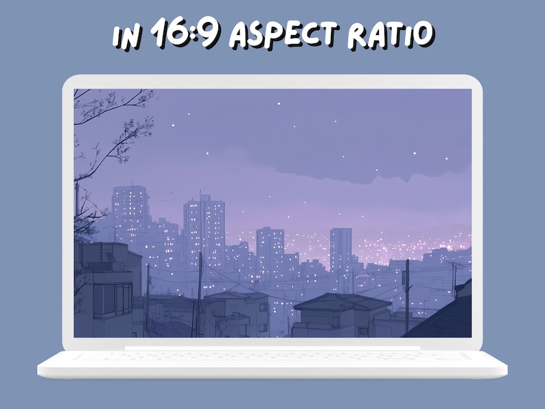 May include: A digital illustration of a city skyline at dusk, viewed from a hillside. The buildings are outlined in a light blue color, and the sky is a soft purple. The image is displayed on a white laptop screen.