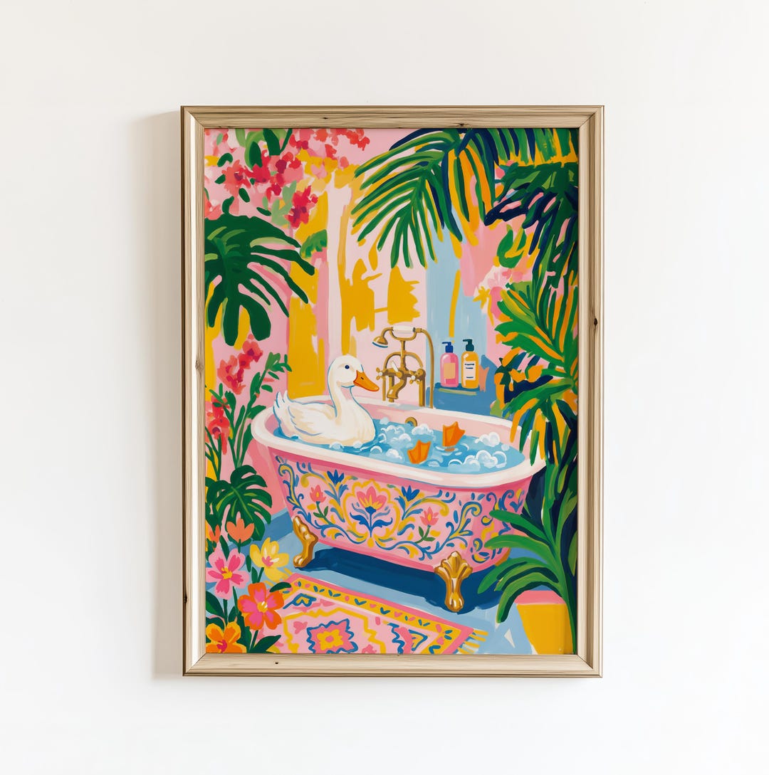 Tropical Duck Bath Art Print – Pink Bathroom Wall Art, Matisse Style ...