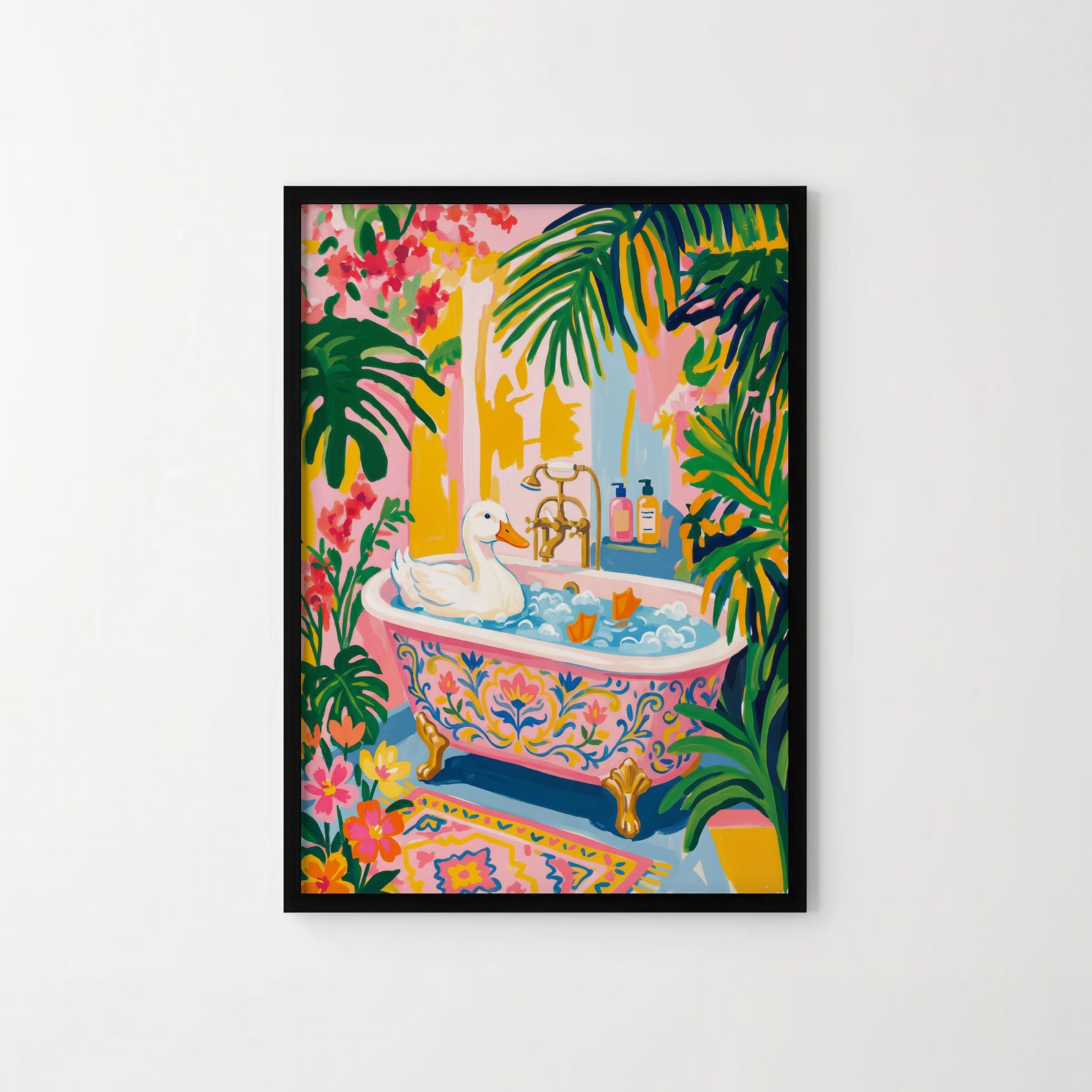Tropical Duck Bath Art Print – Pink Bathroom Wall Art, Matisse Style ...
